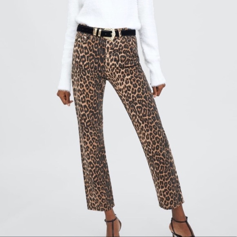 Zara Leopard Print Bell Bottom Jeans, size 4